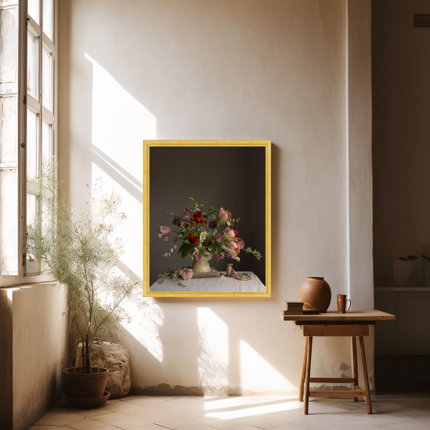 Framed artwork of a floral arrangement on a wall in a sunlit room. Botanical print.