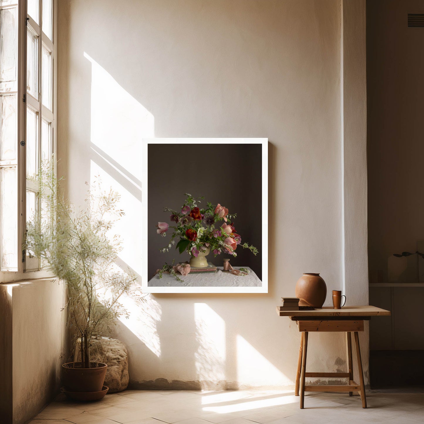 Room interior with a framed artwork of flowers, a wooden stool with a vase, and a plant near a window. Floral print