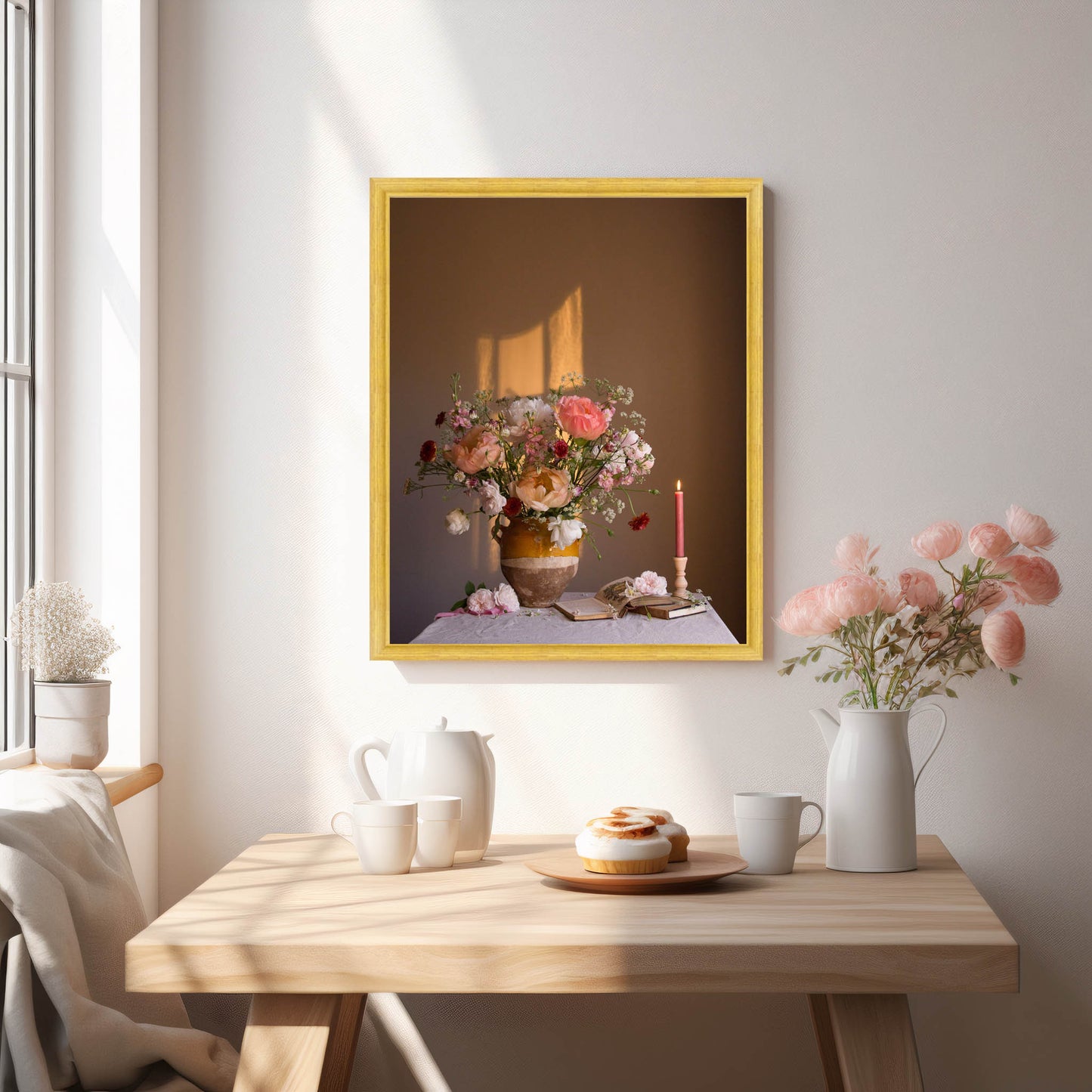 Framed artwork above a table with flowers and decor. Floral print.