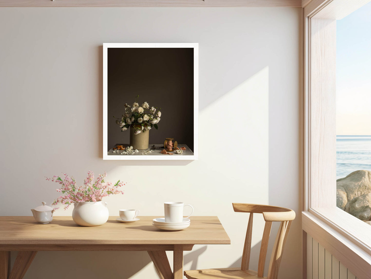 Dining room with a wooden table, chairs, and a vase of flowers on the wall. Flower photograph