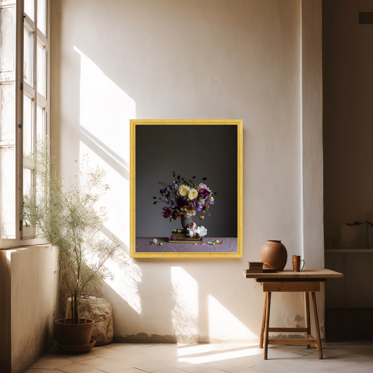 Framed artwork of a still life scene in a sunlit room with a plant and wooden stool. Still life art