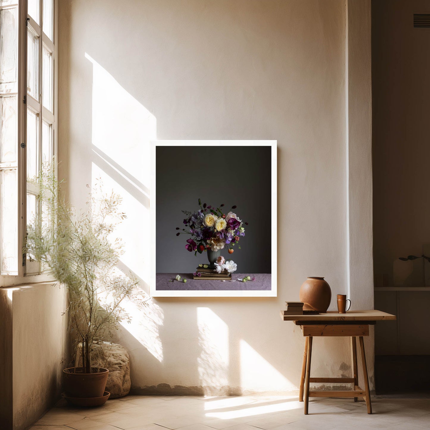 Room interior with a framed artwork on the wall, a small table with a vase, and a plant near a window. Still-life picture
