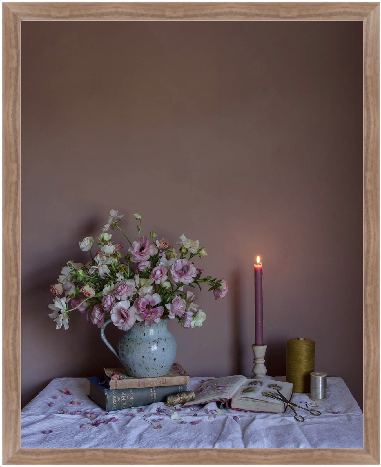 Floral art print by Emma Harris of ranunculus shown in walnut frame