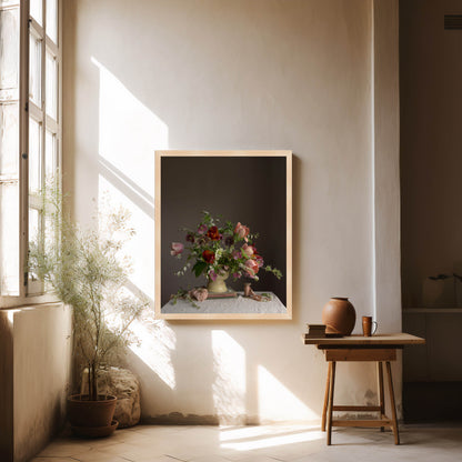 Framed artwork of a floral arrangement on a wall in a sunlit room with a wooden stool and plant.   Botanical art