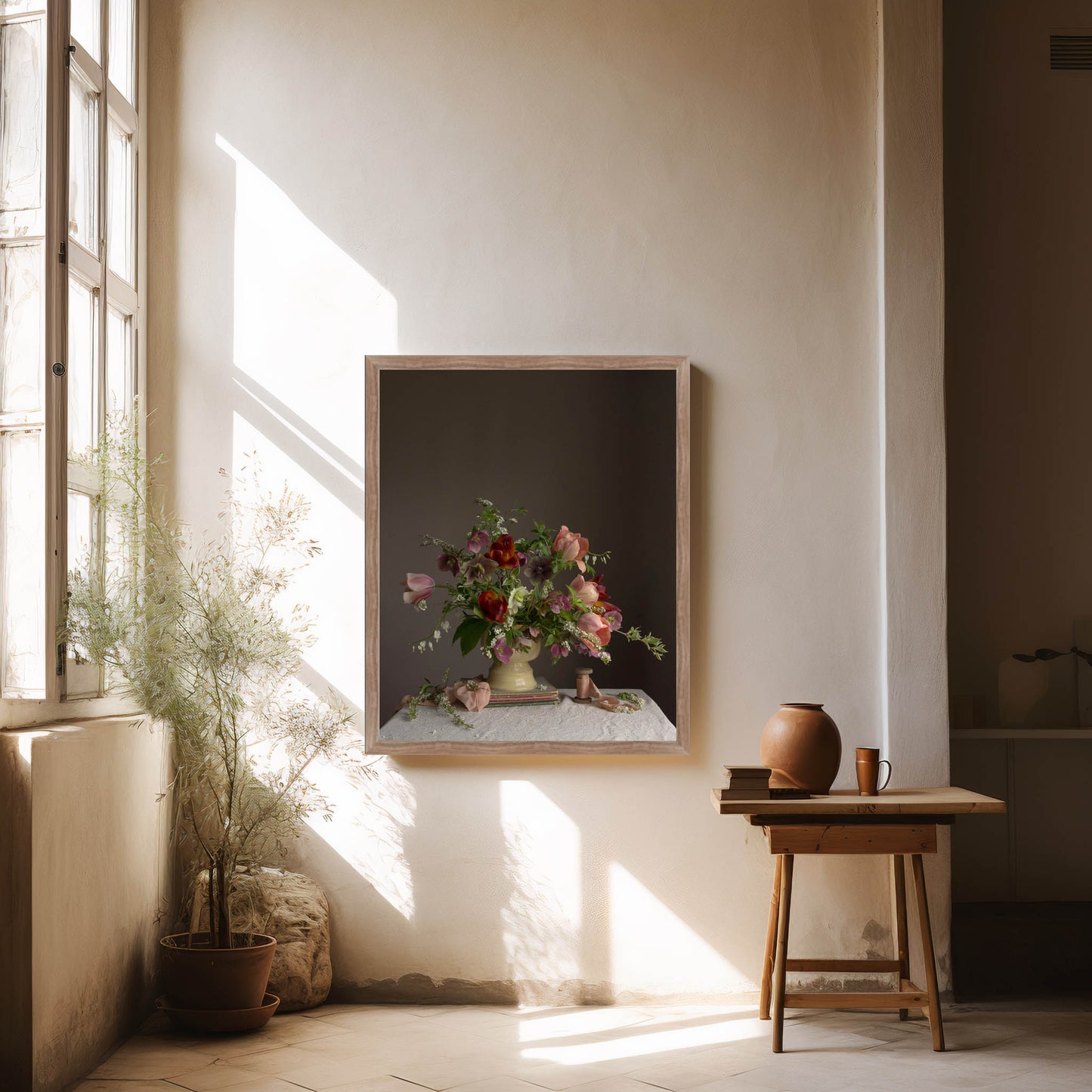 Room interior with a framed artwork of flowers on a wall, a small table with a vase, and a plant.  Floral art