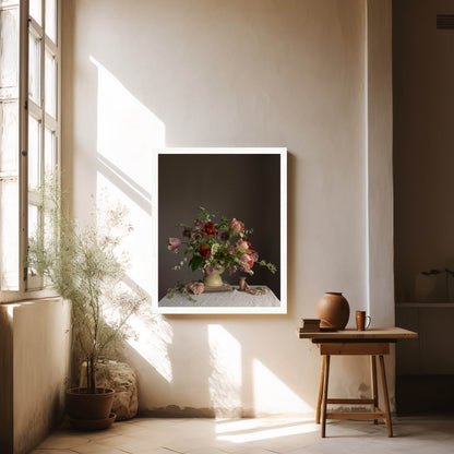 Room interior with a framed artwork of flowers, a wooden stool with a vase, and a plant near a window.   Floral print