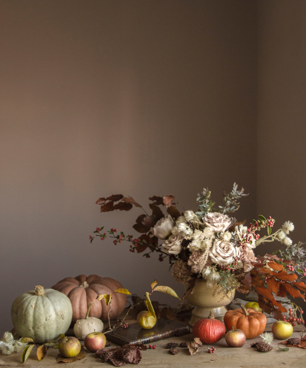 Flower art print of autumnal flowers, pumpkin and squash by photographer Emma Harris