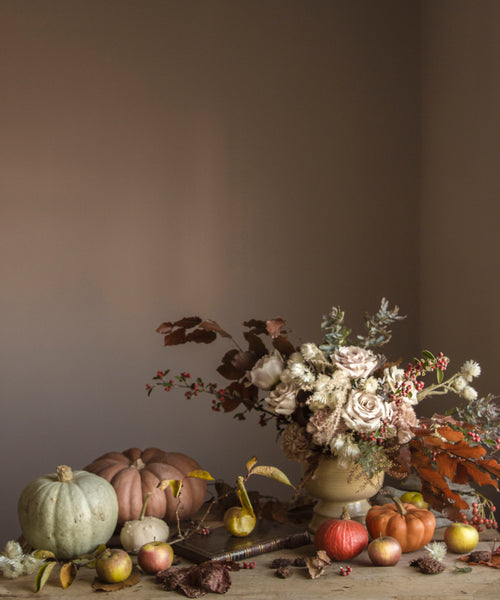 Flower art print of autumnal flowers, pumpkin and squash by photographer Emma Harris