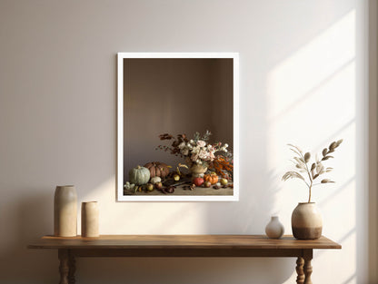 Framed artwork of a still life scene with flowers and fruits on a wooden table.