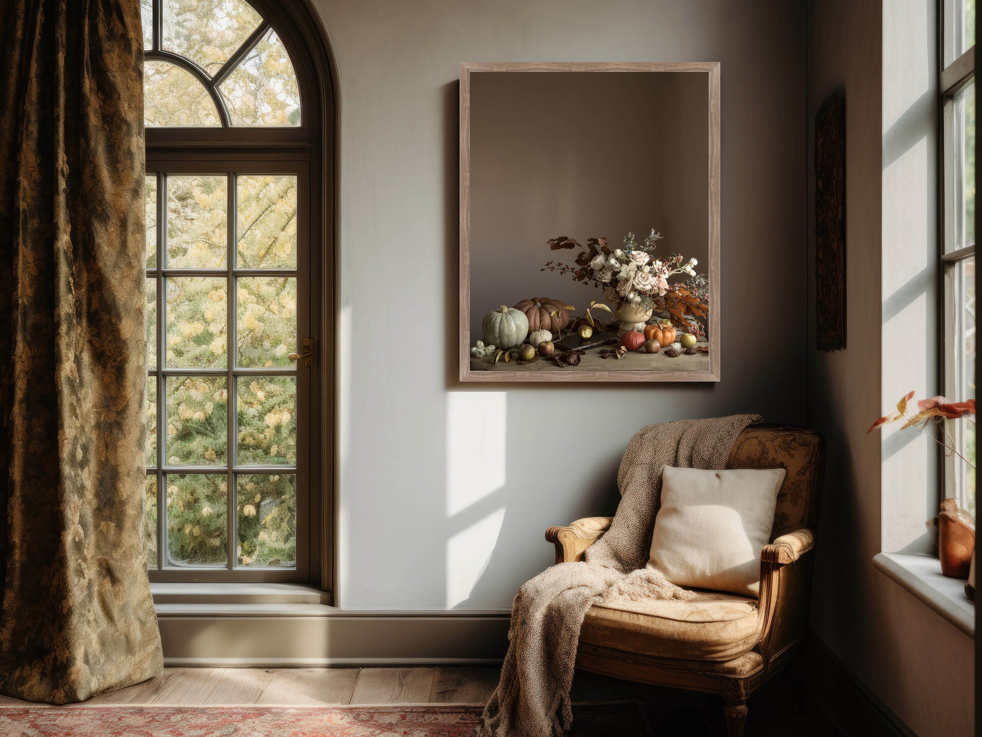 Cozy corner with a chair, framed floral art, and large window