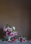 Floral Still life art print of pink roses the birth flower for june by photographer Emma Harris
