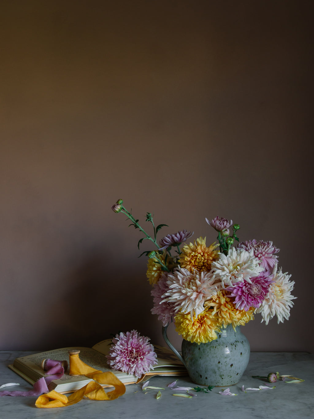 Still life floral art print of November birth month flower chrysanthemums by Emma Harris