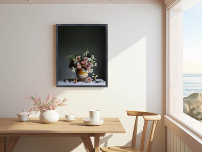 Dining room with a table, chairs, and a framed floral print on the wall.   Botanical picture