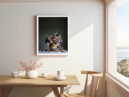 Dining room with a table set for a meal, a vase of flowers, and a framed picture on the wall.   Flower print