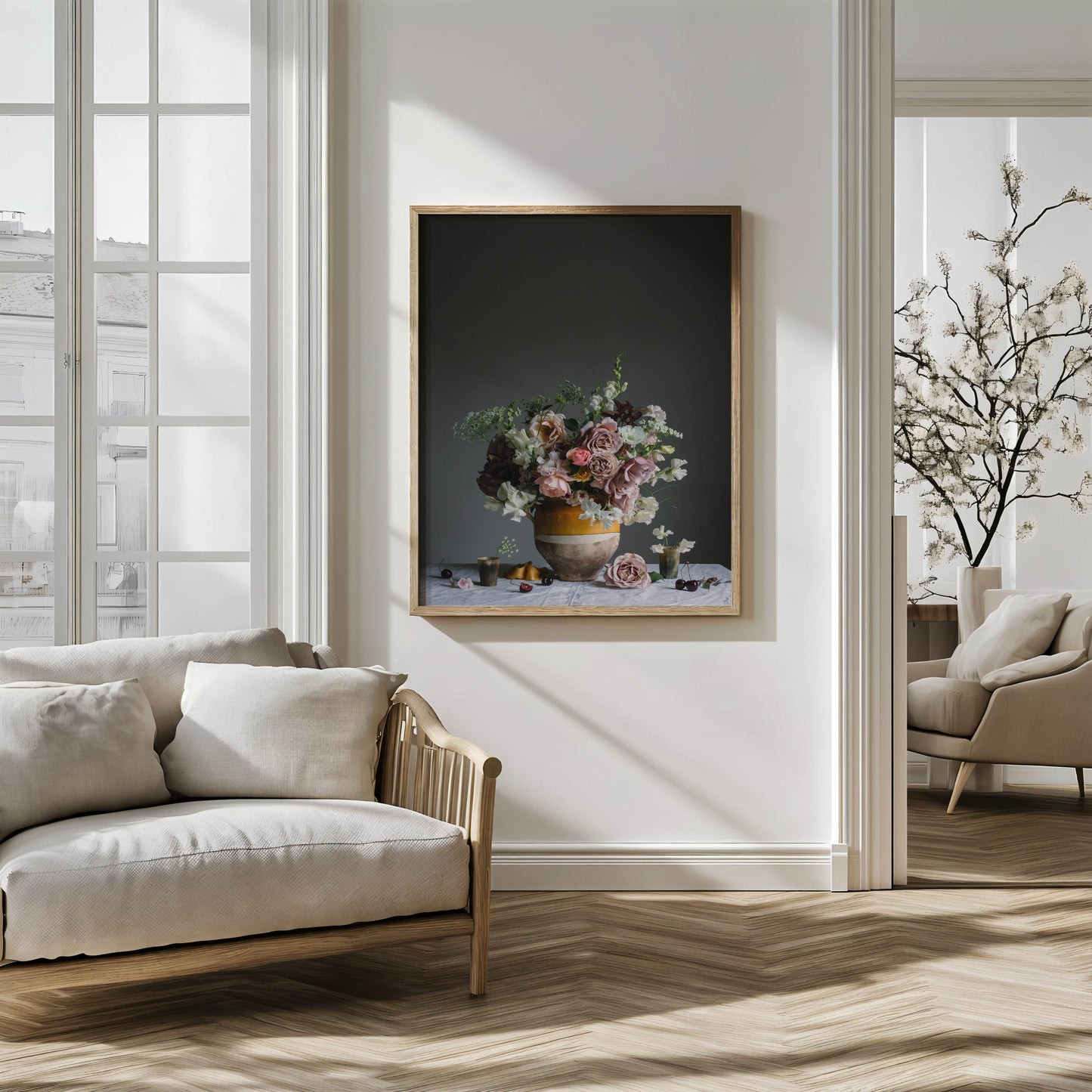 Modern living room with a floral print on the wall, beige sofa, and decorative elements.  Flower art