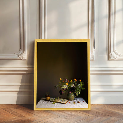 Framed artwork of a still life scene with flowers on a table against a dark background.   Flower photography
