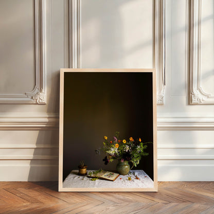 Framed artwork of a still life scene with flowers and books on a table against a dark background.   Still life artwork