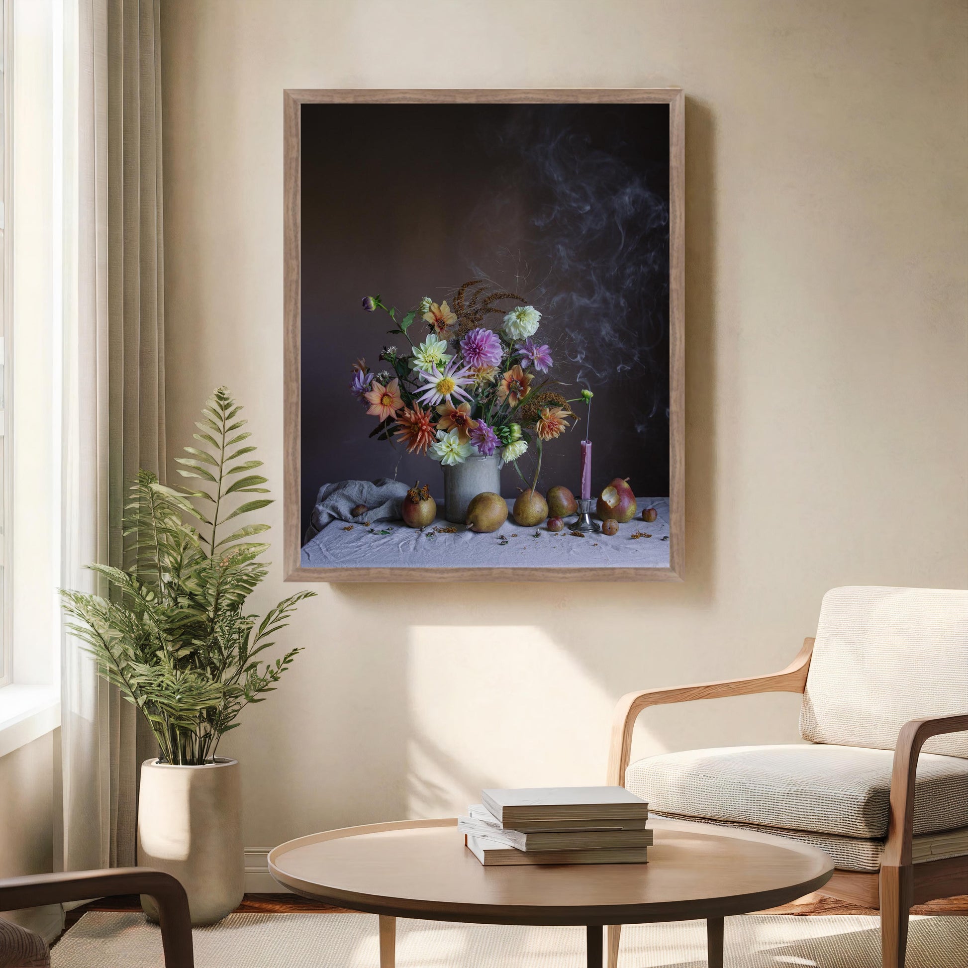 Framed artwork of a still life with flowers in a modern living room.