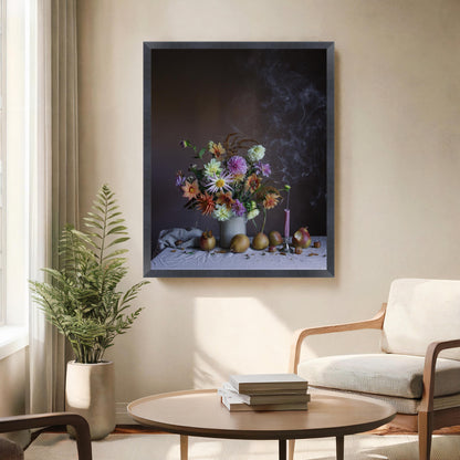 Framed artwork of flowers and fruits in a living room setting with a plant and coffee table.