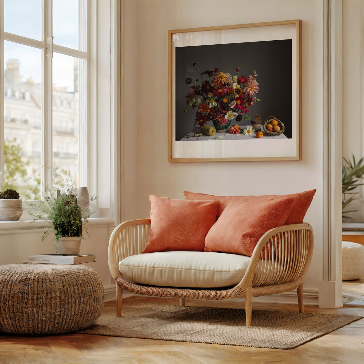 Room showing botanical art print Dahlia & Apricot by photographer Emma Harris