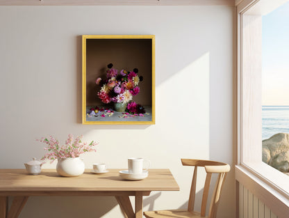 Flower art of dahlias in gold frame
