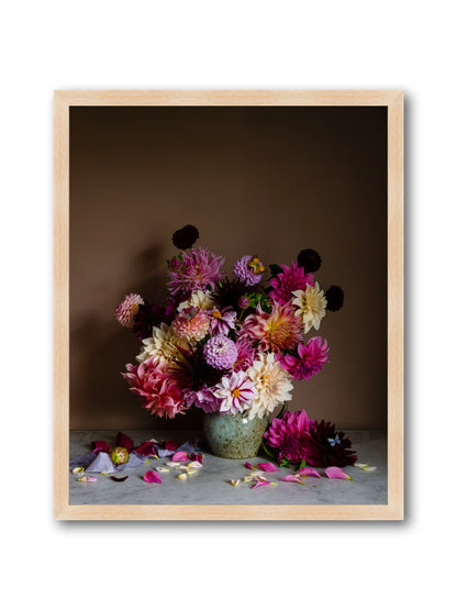 Floral still-life art in oak frame