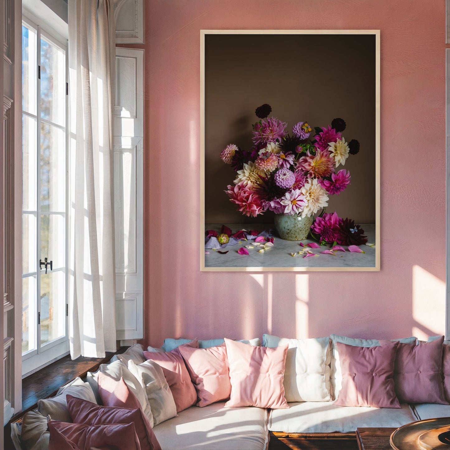 Botanical art of dahlias on a pink wall