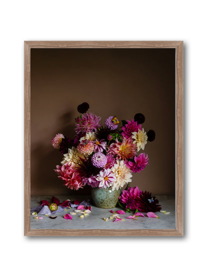 Floral still-life picture in wallnut frame