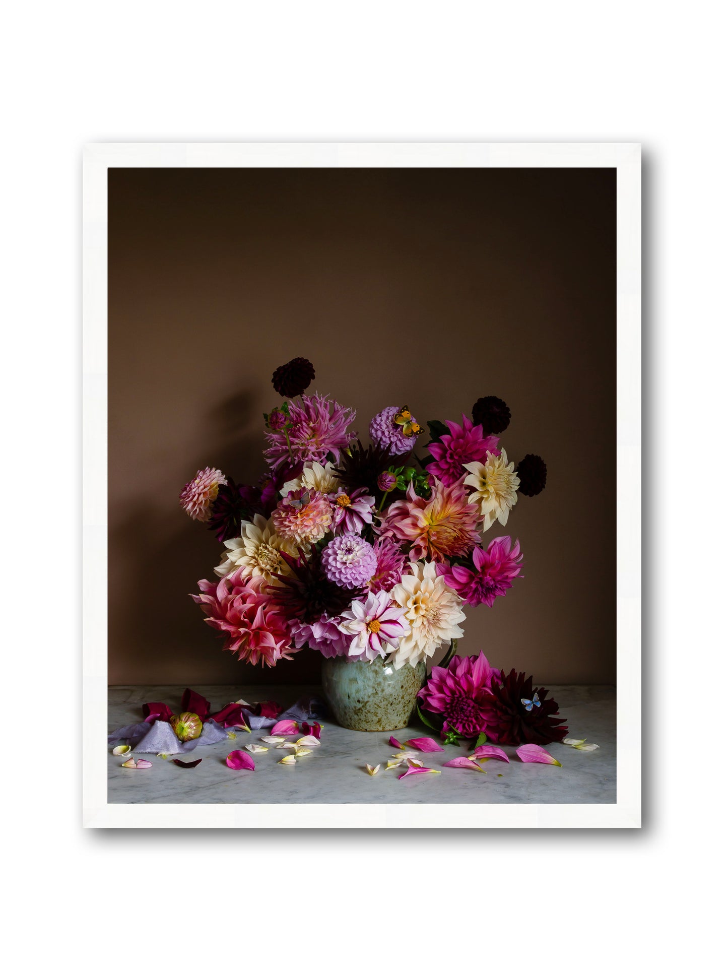 Floral still-life print in white frame