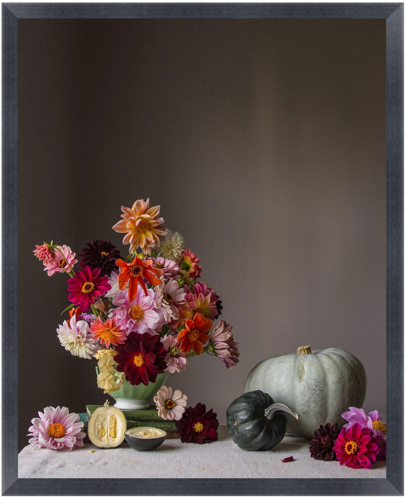 Still life arrangement with flowers and pumpkins on a dark background.   Still life botanical print.