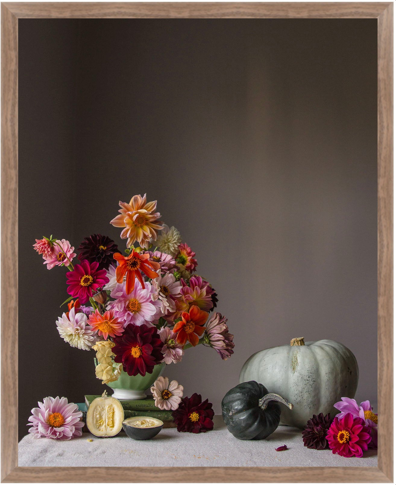 Still life arrangement with flowers and pumpkins on a dark background.   Botanical art.