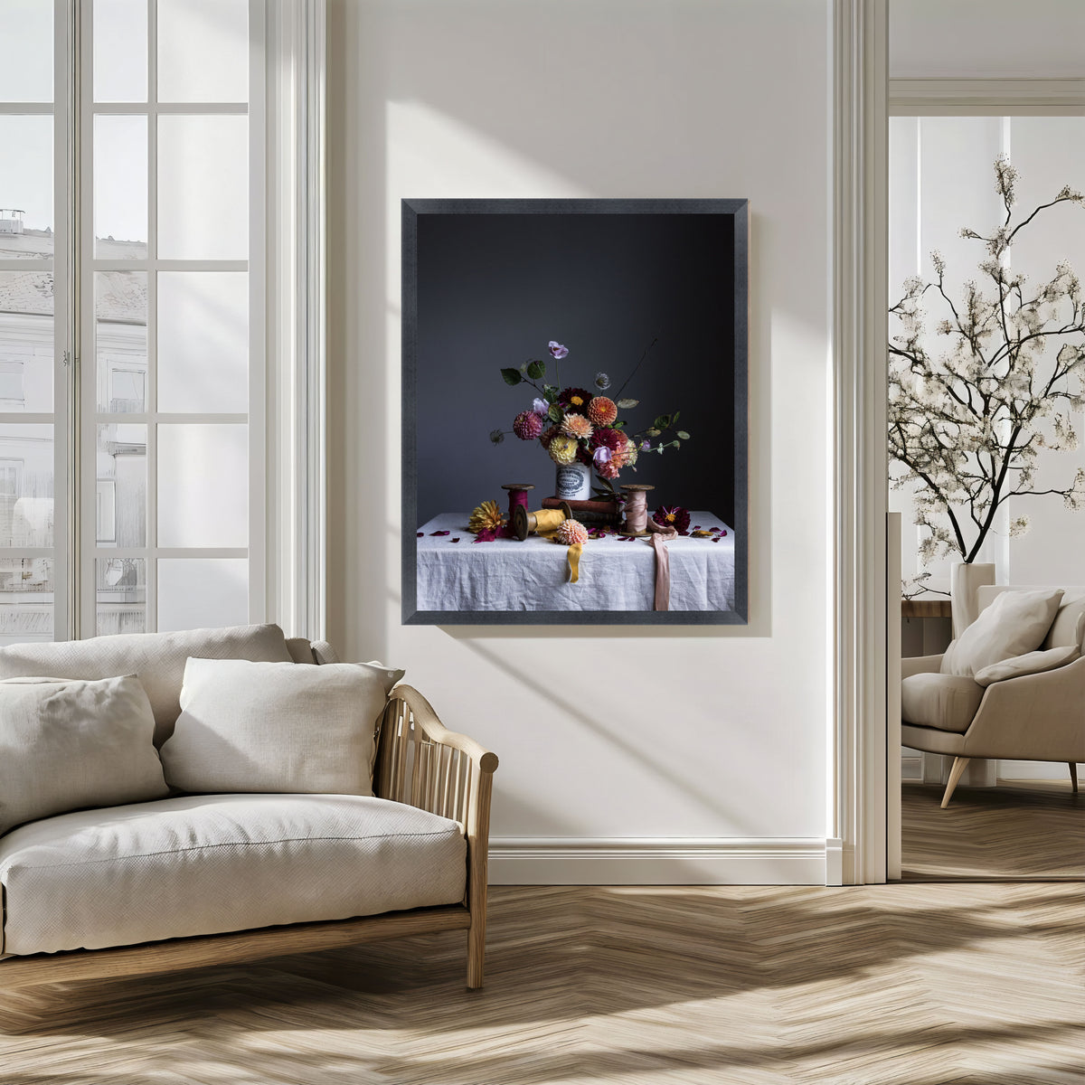 Modern living room with a painting of a still life on the wall.   Flower print