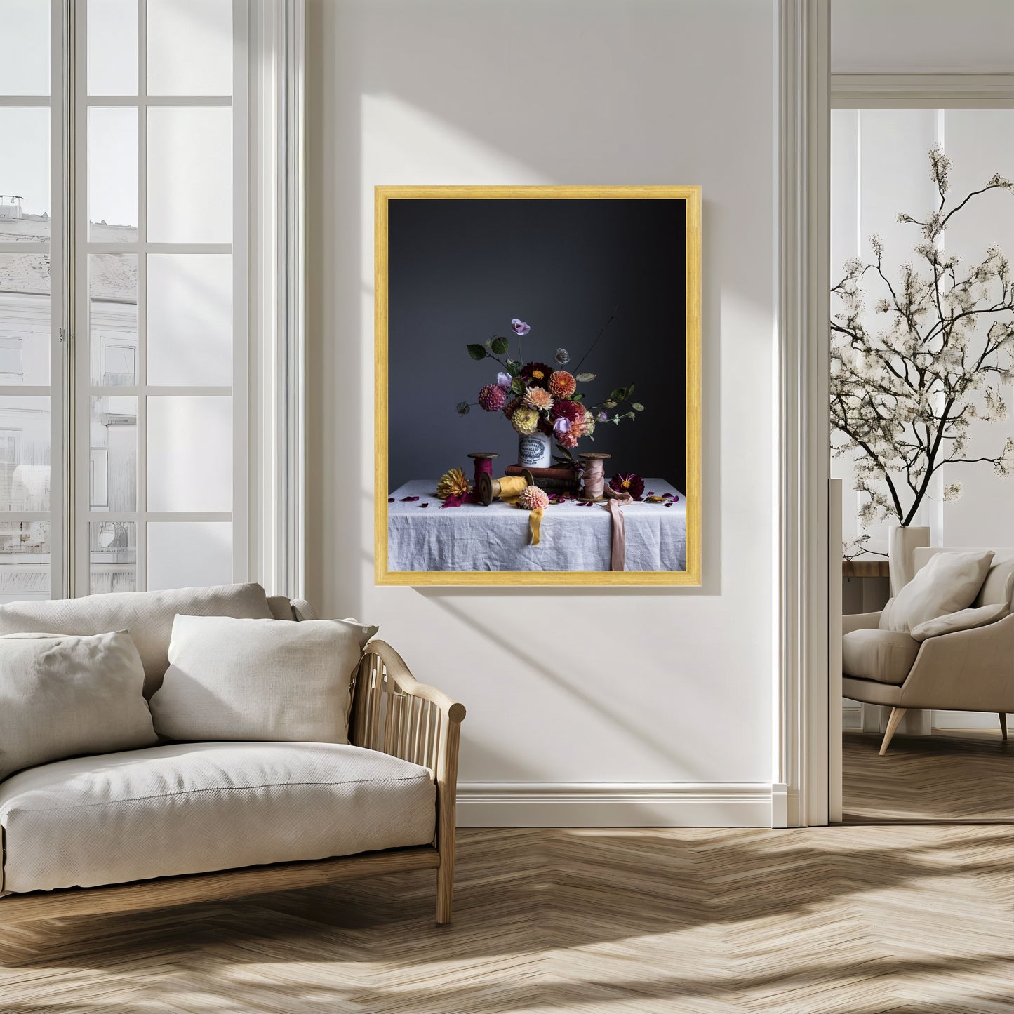 Framed artwork of a still life with flowers on a table in a modern living room.   floral print