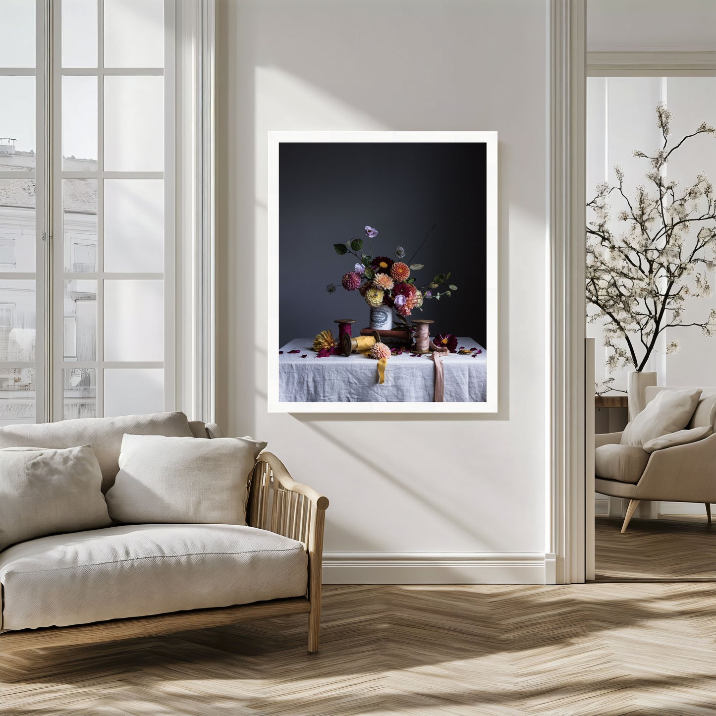 Framed artwork of a still life scene in a modern living room.   Flower artwork