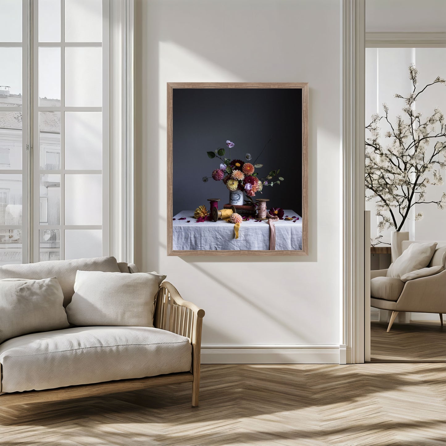Framed artwork of a still life scene in a modern living room.   Botanical picture