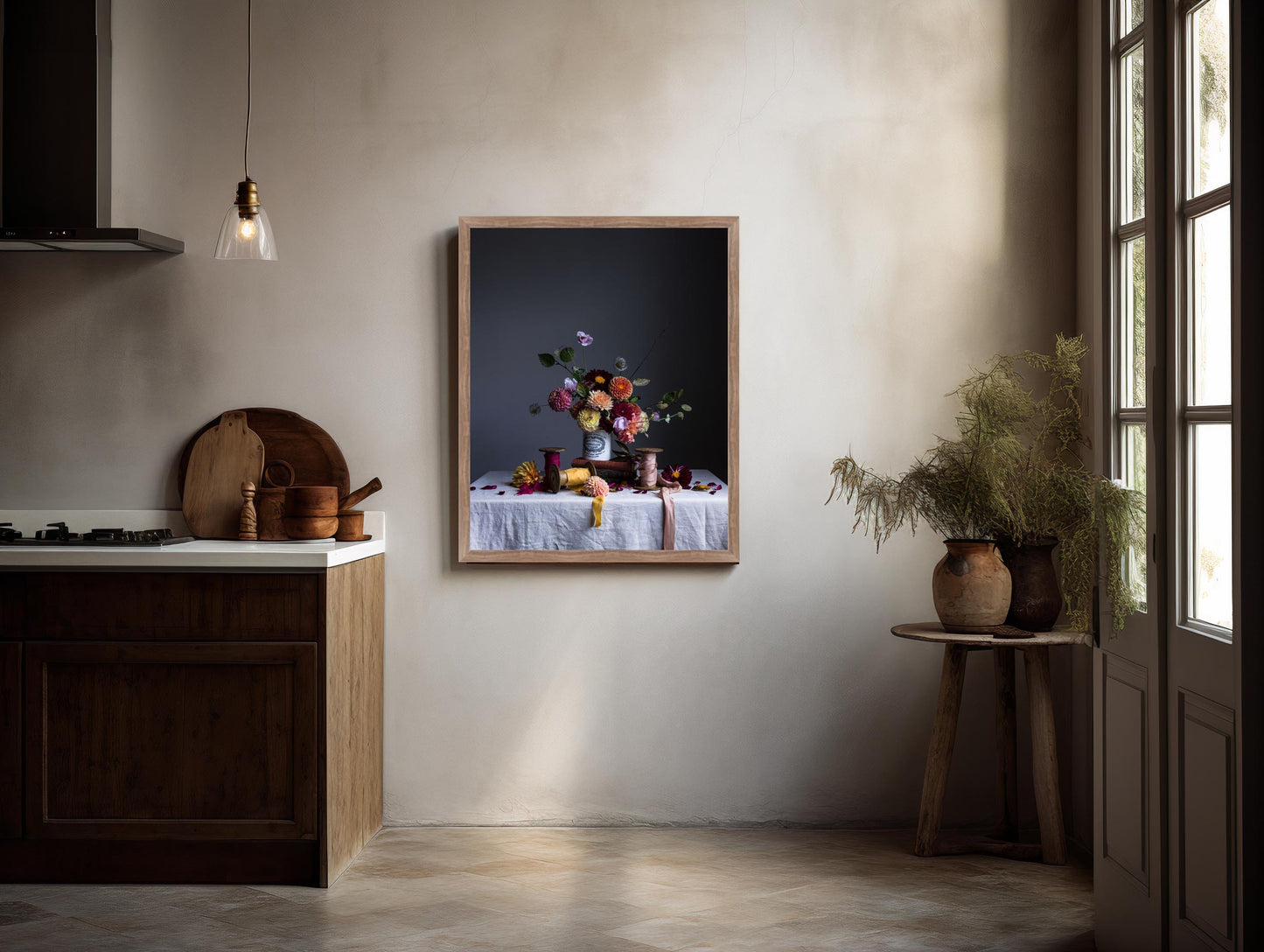 Modern kitchen interior with a framed picture on the wall, wooden cabinets, and a window.   Flower picture