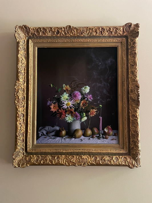 Fine art floral print Dahlia & Pear by Emma Harris framed in vintage frame