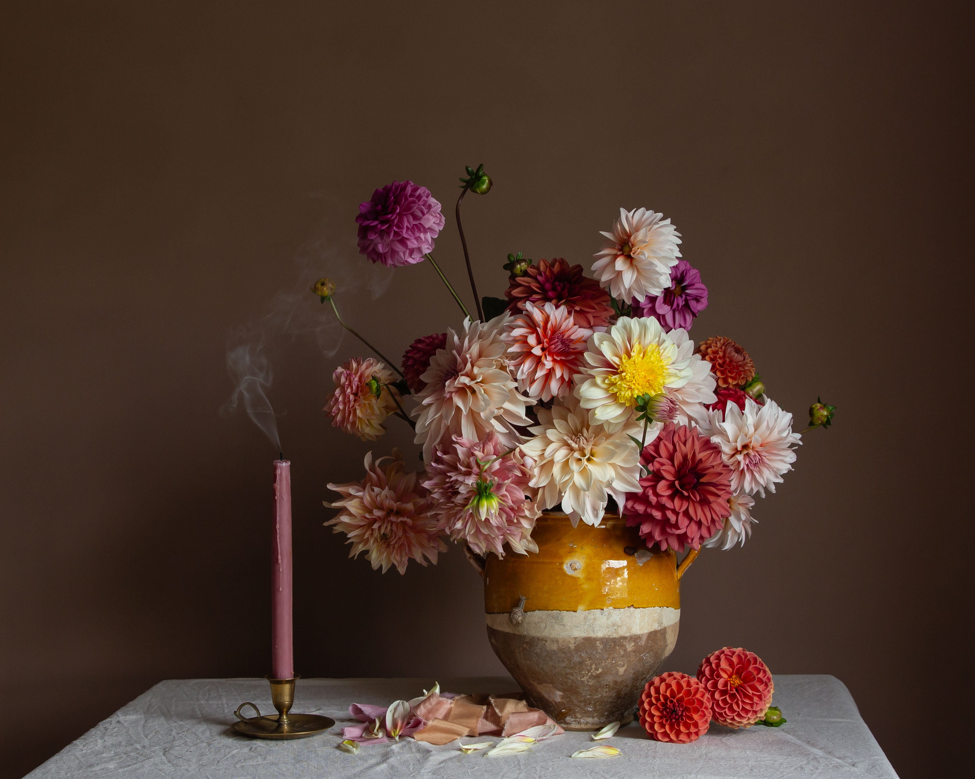 Still-life floral print by Emma Harris of dahlias and a smoking candle