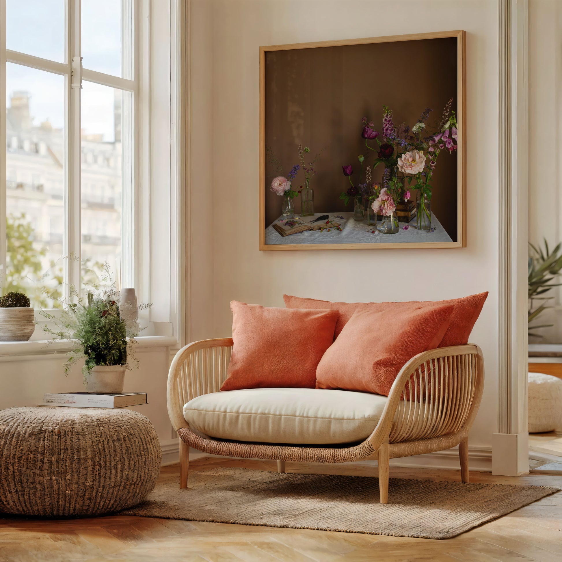 Wicker chair with orange cushions in a bright room with large windows and a botanical print of foxgloves and roses by Emma Harris
