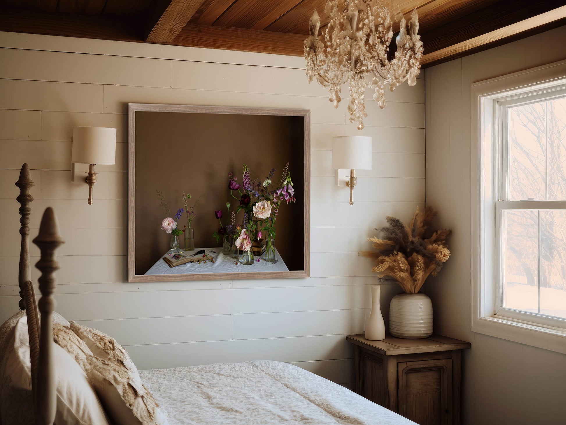 Bedroom with wooden bed, framed still-life floral print, and decorative elements.