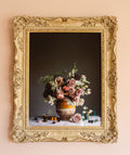 Framed artwork of a still life with roses and cherries in vintage frame by photographer Emma Harris