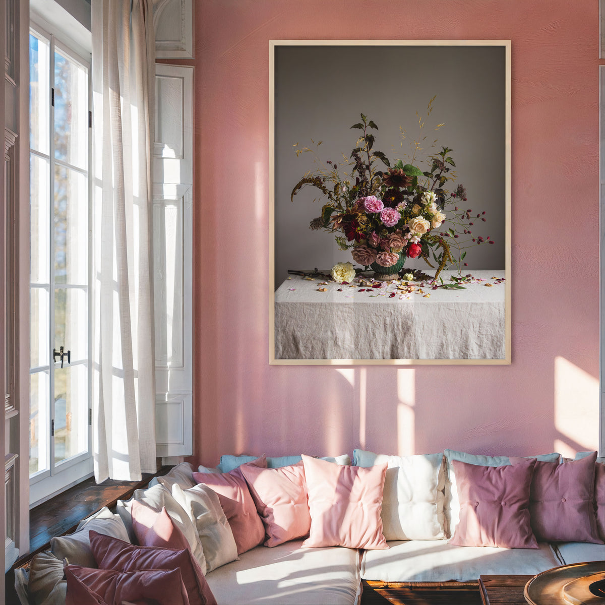 Pink room showing still-life artwork of roses and grasses by Emma Harris.   Floral art.