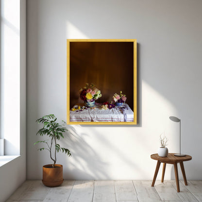 Framed floral artwork on a wall with a plant and small table in the foreground