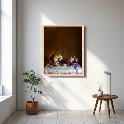 Framed artwork on a wall with a plant and small table in the foreground