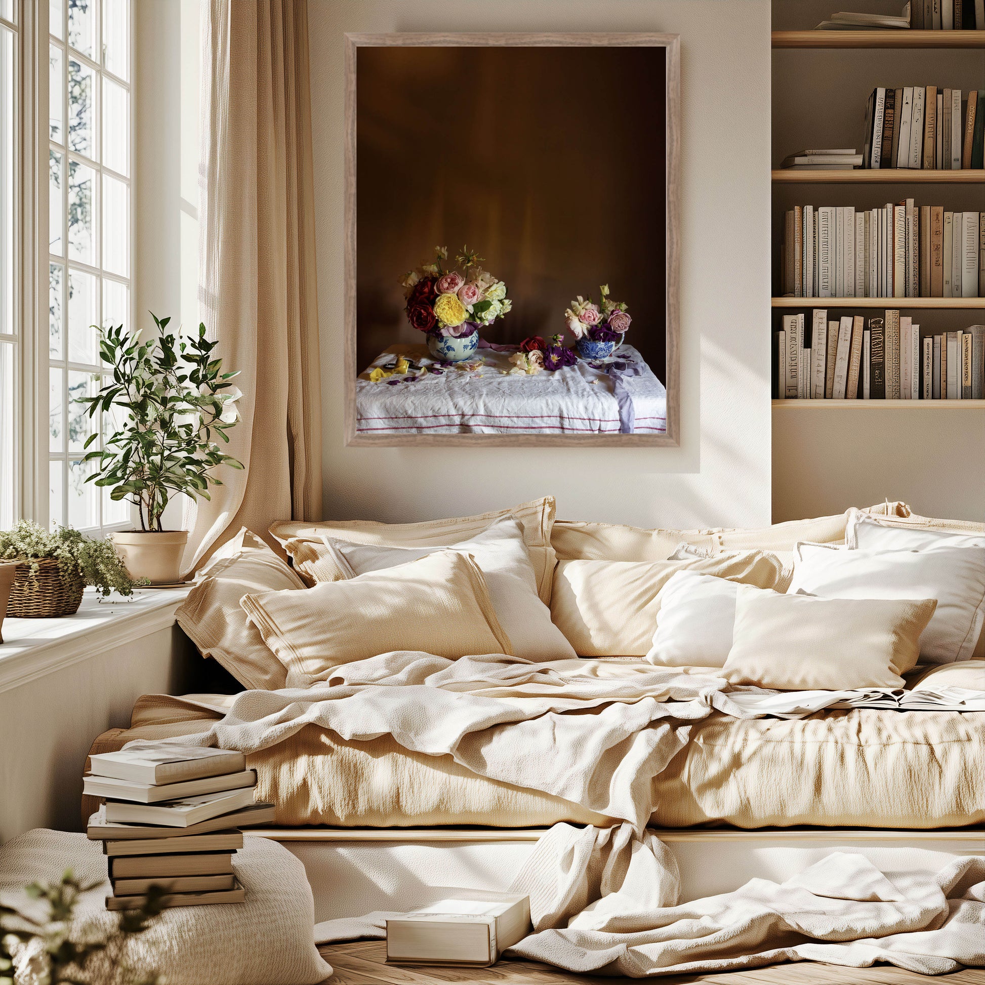 Neutral sitting room showing framed still-life