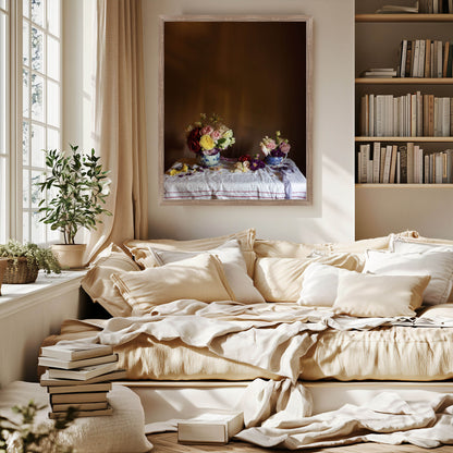 Neutral sitting room showing framed still-life