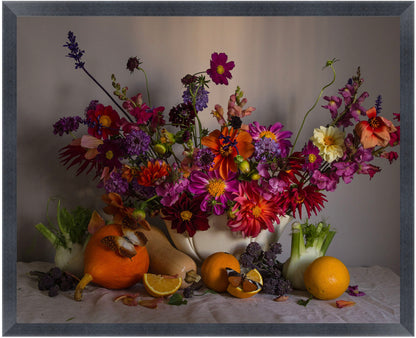 Framed Colourful floral arrangement with fruits and vegetables on a neutral background