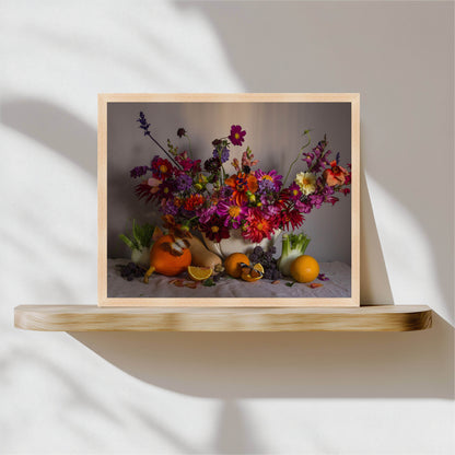 Framed still life with flowers and fruits on a wooden shelf