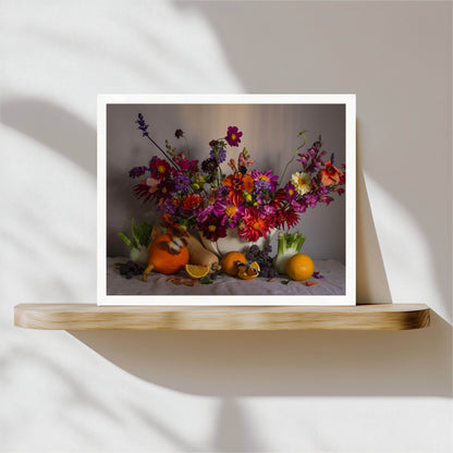 Framed still life with flowers and fruits on a wooden shelf