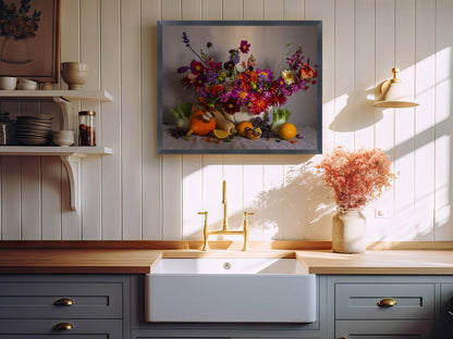 A kitchen showing a still-life floral picture